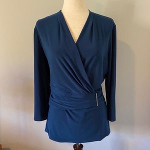 Teal faux-wrap pullover